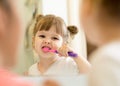 Mother teaching kid teeth brushing