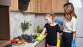 Mother and teen daughter clean kitchen countertop at home