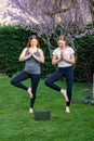 Mother and teen daughter practicing online yoga lesson outdoors