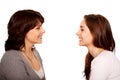 Mother and teenage daughter talking and laughing together.