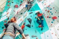 Mother and teenage son at indoor climbing wall gym. Boy using a top rope belay with climbing harness and mom belaying him on the Royalty Free Stock Photo