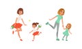 Mother and their Daughters Doing Sports Together, Cheerful Women and Girls Playing Tennis and Rollerblading Cartoon