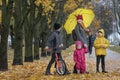 Mother with three children stand in the park in autumn park. Alley with fallen leaves Royalty Free Stock Photo