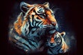 A mother tiger and her baby tiger on a dark background, generative ai illustration.