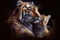 A mother tiger and her baby tiger on a dark background, generative ai illustration.