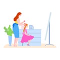 Mother time with daughter vector illustration, cartoon flat mom making hairstyle to kid girl character in morning