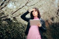 Pregnant Woman with Pc Tablet Remembering Important Fact Royalty Free Stock Photo