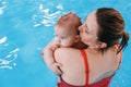 Mother traning her newborn baby to float in swimming pool