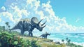 A mother triceratops and her young offspring peacefully grazing on the vegetation with the ocean breeze gently rustling