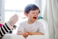 Mother try to feeding a toddler boy with a spoon in a chair Royalty Free Stock Photo
