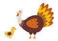 Mother turkey with her baby poult. Cute farm animal characters mom and child