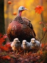 A mother turkey and her baby chicks roam the autumn fores