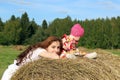 Mother with twins in field