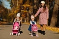 Mother and two baby daughters with stroller walking on autumn park Royalty Free Stock Photo