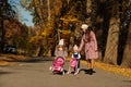 Mother and two baby daughters with stroller walking on autumn park Royalty Free Stock Photo