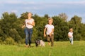 Mother with two boys and two dogs runs over a meadow Royalty Free Stock Photo