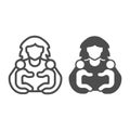 Mother and two children line and solid icon, Mother day concept, parental love sign on white background, Mother holding