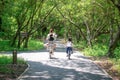 Mother and Two Children Rides Bicycle on Bike Path in a Park Royalty Free Stock Photo