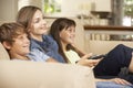 Mother And Two Children Sitting On Sofa At Home Watching TV Together