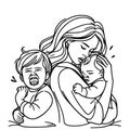 Mother with two crying children. Sketch. Motherhood