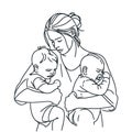 Mother with two crying children. Sketch. Motherhood