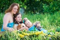 Mother, two daughters and dog Royalty Free Stock Photo