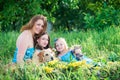 Mother, two daughters and dog Royalty Free Stock Photo