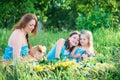 Mother, two daughters and dog Royalty Free Stock Photo