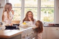 Mother And Two Daughters Making Messy Pancakes In Kitchen At Home Together Royalty Free Stock Photo