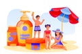 Mother and two kids use sunblock cosmetic. Summer face and body solar protection. Vector characters illustration