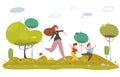 Mother with Two Sons Running in Forest or Garden