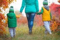 Mother and two sons walking in the autumn Park holding hands. Royalty Free Stock Photo