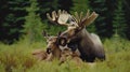 A mother and two young moose resting in a field of grass, AI Royalty Free Stock Photo