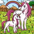 Mother Unicorn and Baby Unicorn Colored Cartoon