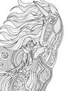 Mother Unicorn Giving Her Baby A Kiss Colorless Line Drawing. Parent Mythical Horned Horse Standing Kissing Offspring