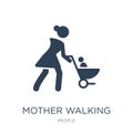 mother walking with baby stroller icon in trendy design style. mother walking with baby stroller icon isolated on white background