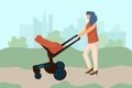 Mother walking with carriage. Family stroll in city park. Cartoon woman carrying pram. Newborn baby in buggy. Summer