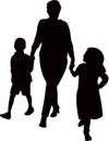 A mother walking with her daughter and son, silhouette vector