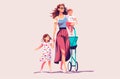 mother walking with her little daughters loving family parenthood childcare concept mothers day card template