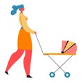 Woman walking with pram, mom with kid in buggy