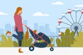 Mother walking with kid in stroller together in summer city park with ferris wheel