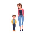 Mother Walking and Talking to Her Puzzled Son Supporting and Soothing Him Vector Illustration