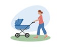 Mother walks with baby stroller in summer. Woman pushing pram for newborn, carriage for little child. Young mother walking with