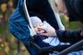 Mother walks with a stroller in the autumn park Royalty Free Stock Photo