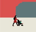 Mother walks with a stroller in a city park. Travel During Pandemic Concept.