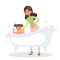 Mother wash boy in the bath. Baby bathing. Idea of health