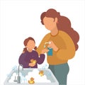 Mother washes the girl`s hands with liquid soap. illustration mom and daughter. Wash your hands and be healthy. Coronaviru