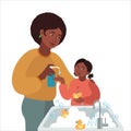 Mother washes the girls hands with liquid soap. Vector illustration African american mom and daughter. Wash your hands and be