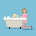 Mother washes her daughter in the bath with foam. Bathroom. Flat character on blue background. Vector