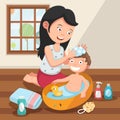 Mother washing her child s hair with love illustration